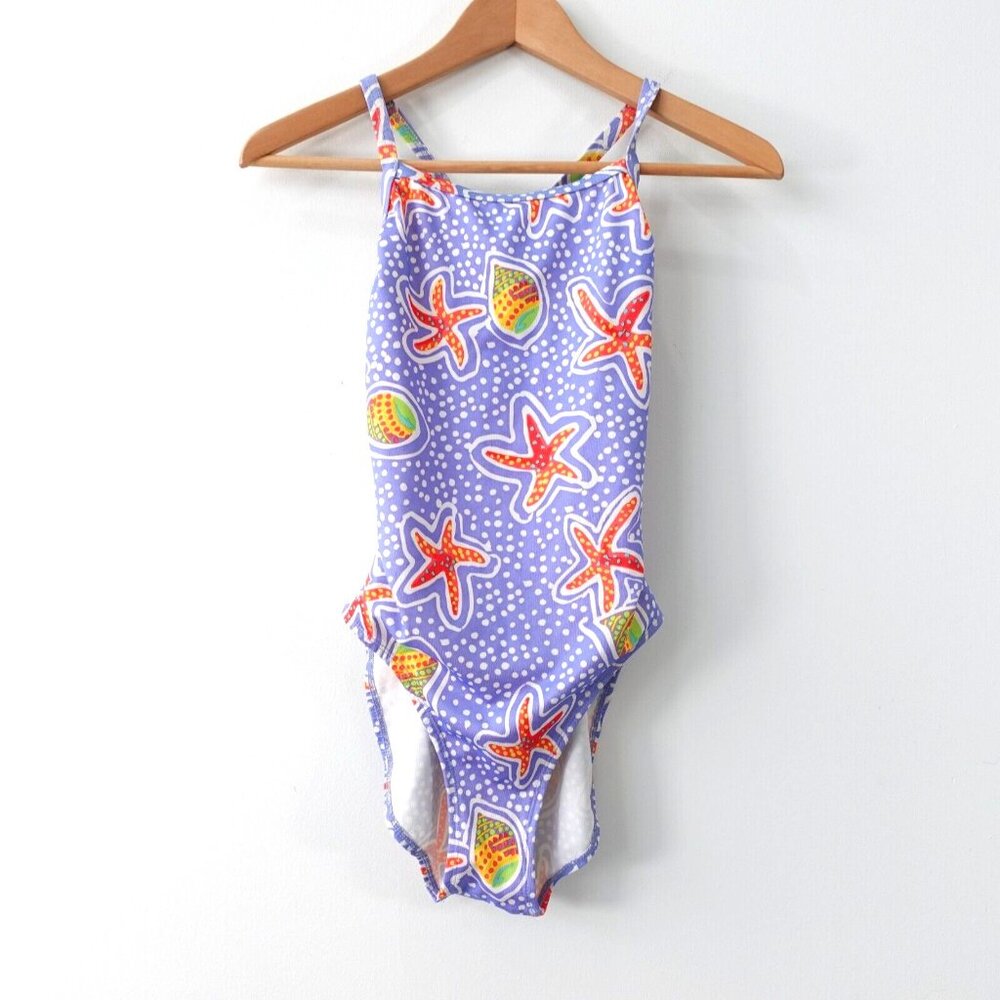 Blue Polka Dot Swimsuit Small One Piece Open Back Starfish‎ Seashell Swim Beach